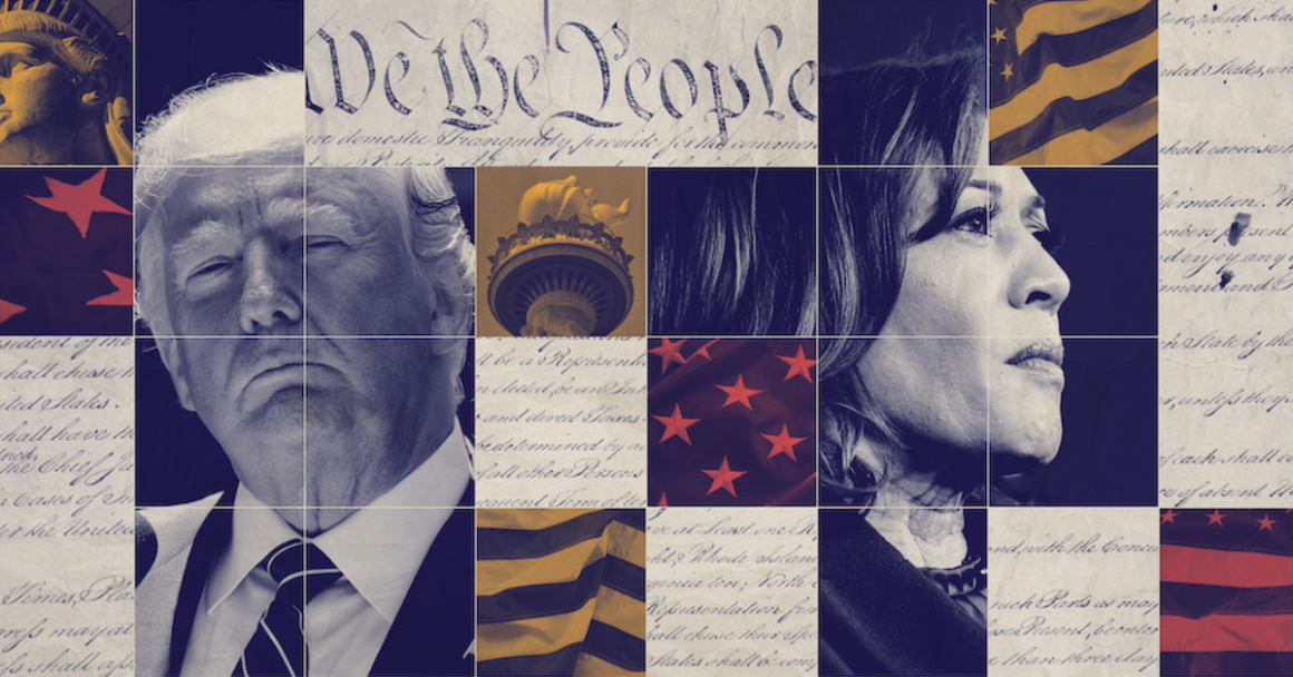 An abstract collage of tiles that create a photo of Donald Trump on the left and Kamala Harris on the right with items like the American flag, "We the People", and the State of Liberty scattered about the image.