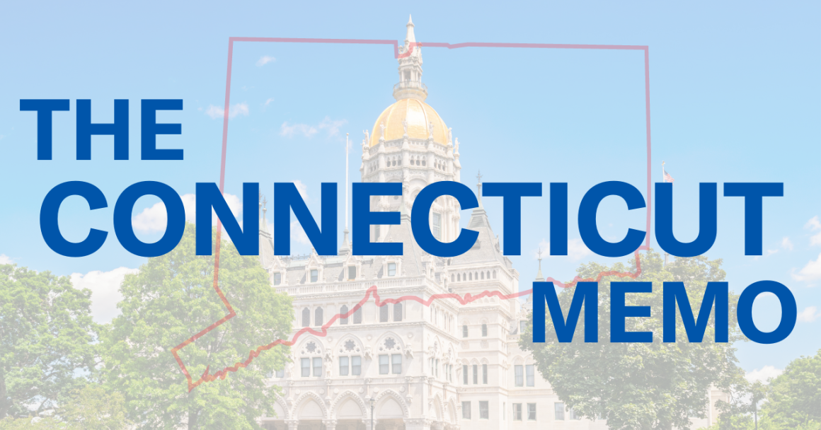 The background is the Hartford Capitol with a translucent white overlay. On top is a translucent red outline of the state with the words "THE CONNECTICUT MEMO" in front of it in blue font.