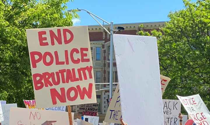 A white sign with red writing, surrounded by other protest signs and against a backdrop of trees. The sign with red writing says: END POLICE BRUTALITY NOW
