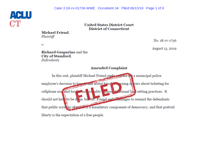 ACLU of Connecticut Cover Amended Complaint Friend v Gasparino, City of Stamford, bail