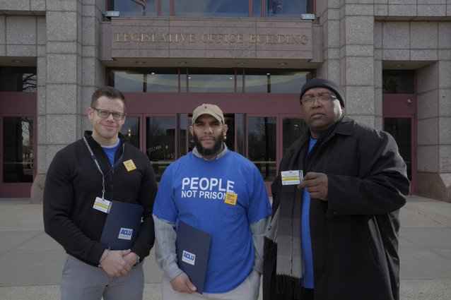 ACLU Connecticut Smart Justice leaders Gus, Anderson, Ramon at the CT state capitol building / legislative office building